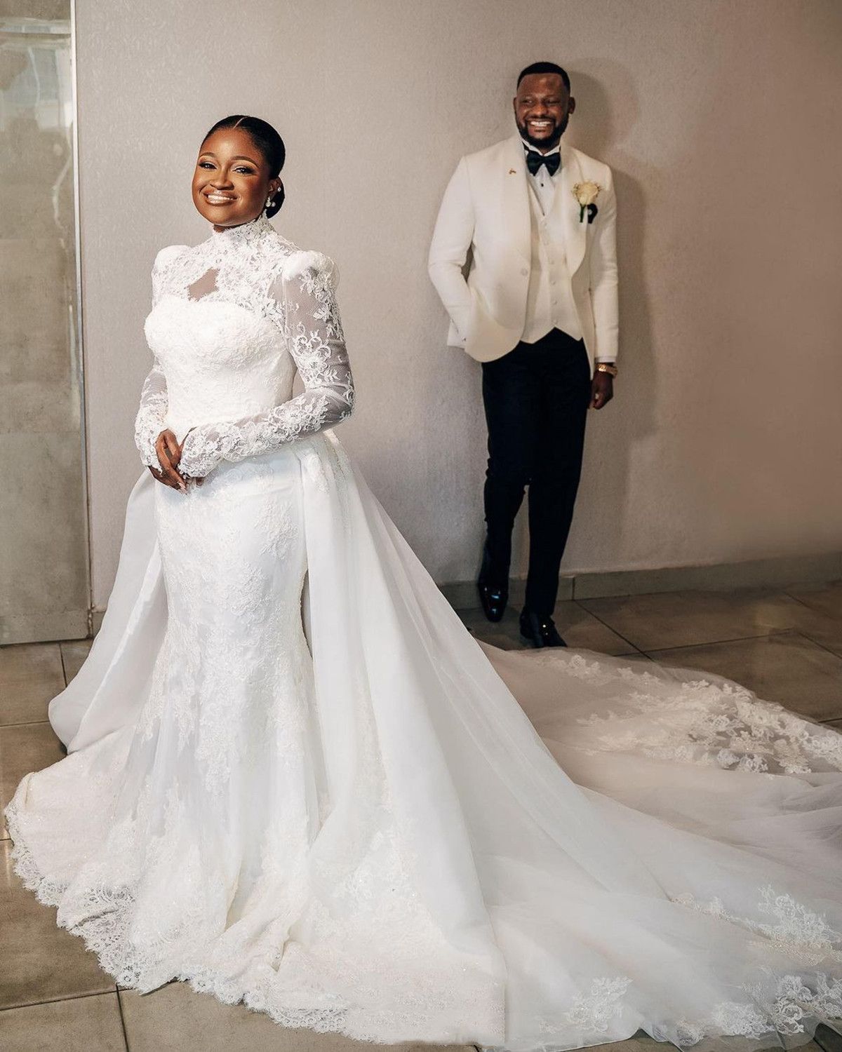 2023 Mermaid Wedding Dresses Bridal Gown With Detachable Train Lace Applique High Neck Long Sleeves Tulle Custom Made Country Plus Size Vestido De Nov