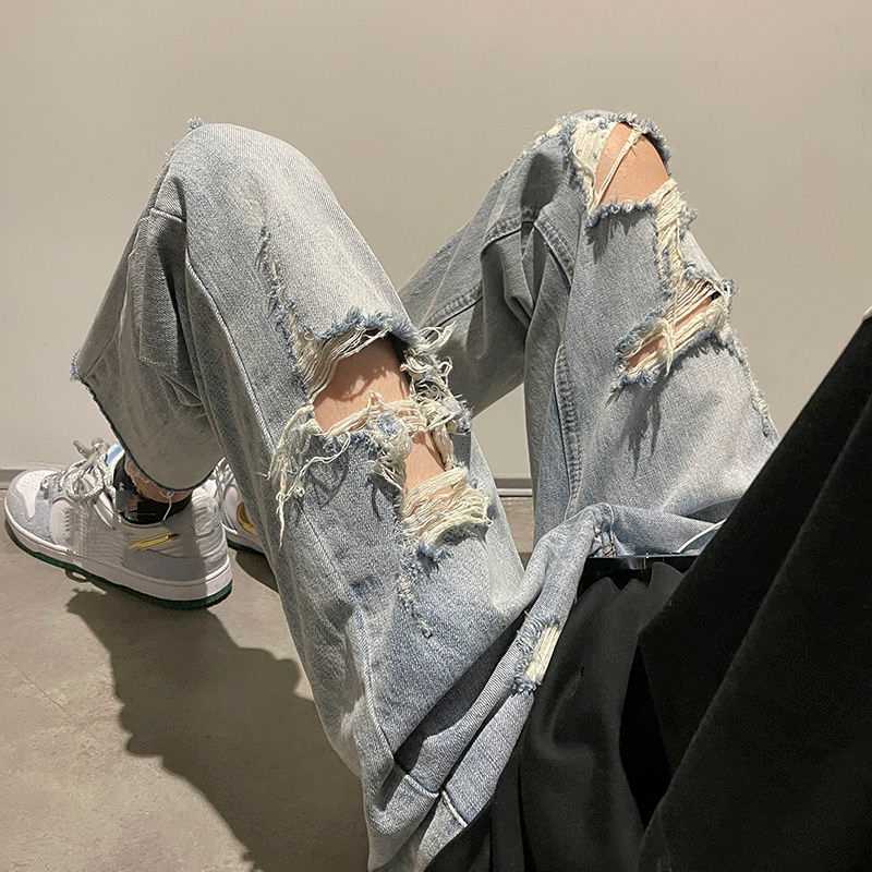 Men's Jeans Hole Jeans for Men Summer Fashion Thin Loose Pants Bottoms Handsome Vintage Casual Trousers Male Cloting Streetwear Plus Size Z0301