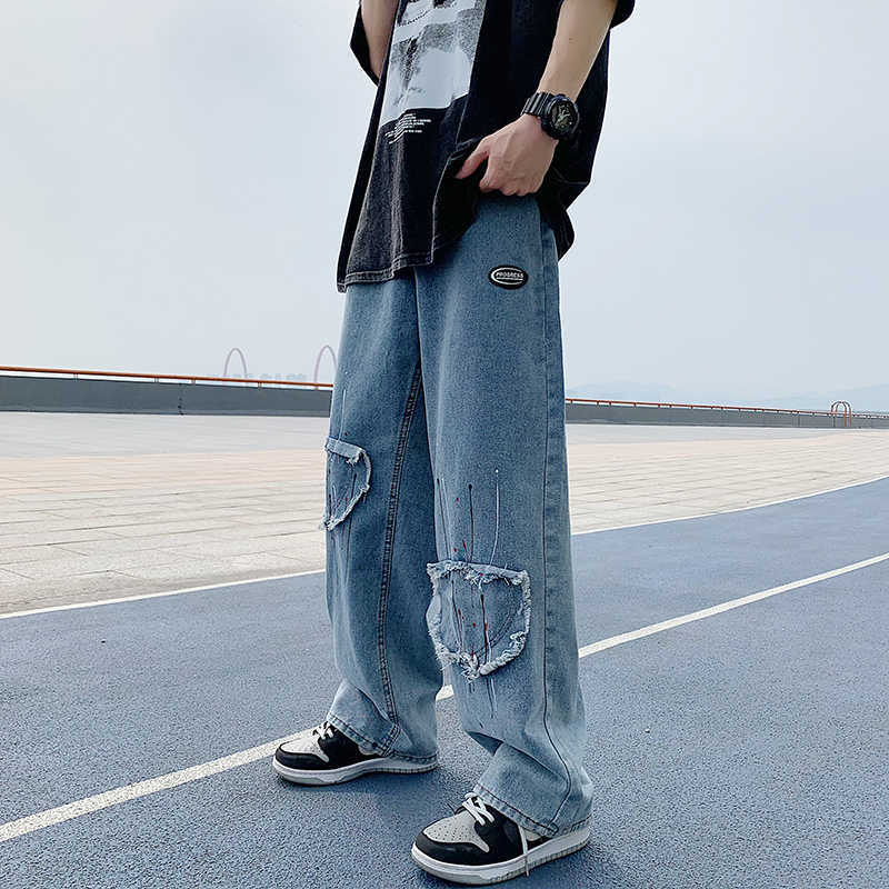 Men's Jeans Blue Paint Points Patchwork Jeans Men Women High Street Hip Hop Straight Jean Pants Baggy Jeans Couple Casual Denim Trousers Z0301