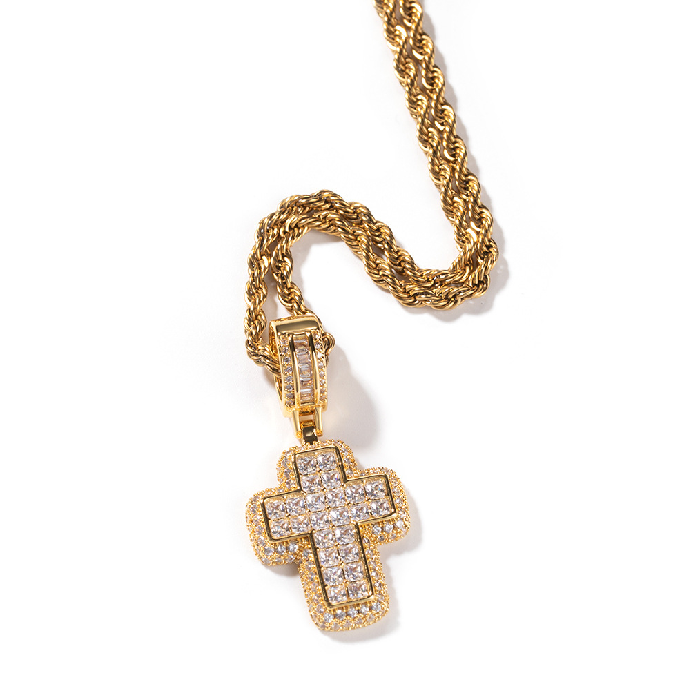 Shining Diamond Stone Cross Pendants Necklace Jewelry 18K Real Gold Plated Bling Men Women Jewelry Gift