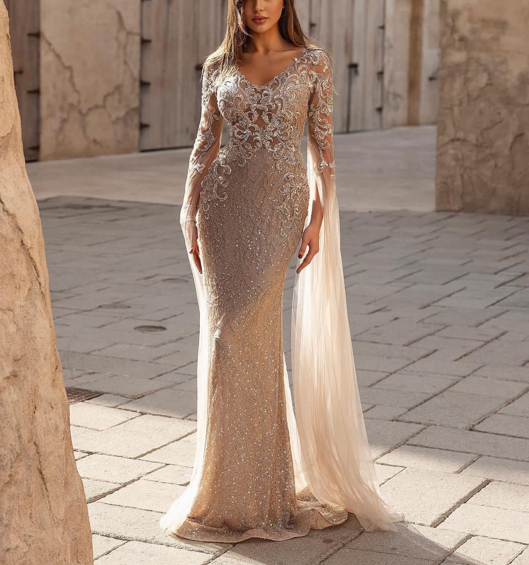 Mermaid Sparkly Prom Dresses Long Sleeves V Neck 3D Lace Cape Appliques Sequins Floor Length Celebrity Beaded Evening Dress Bridal Gowns Plus Size Cus