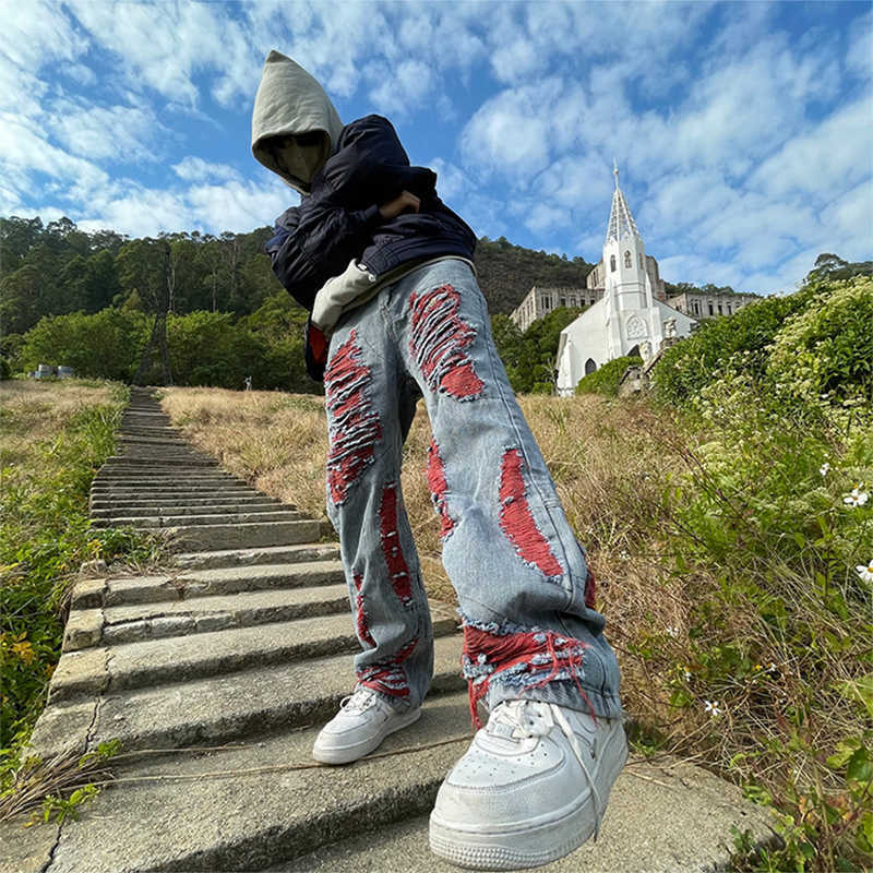 Men's Jeans Y2K Fashion Ripped Men 2023 Spring Summer Streetwear Trend Loose Straight Denim Trousers Mens Leisure Patchwork Jean Pant Y2303