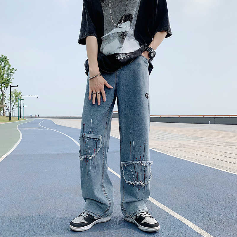 Men's Jeans Blue Paint Points Patchwork Jeans Men Women High Street Hip Hop Straight Jean Pants Baggy Jeans Couple Casual Denim Trousers Z0301