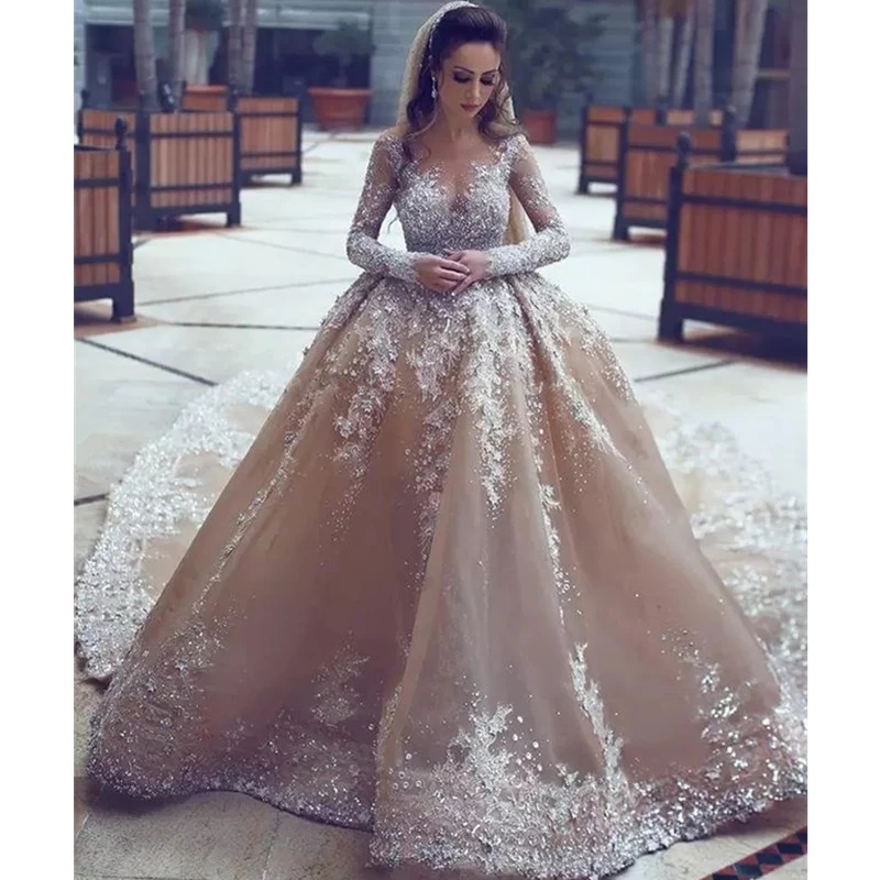 Ball Sparkly Gown Sheer Neck Sequins Beaded Tulle Long Sleeves Backless Wedding Gowns Plus Size Bridal Dresses S