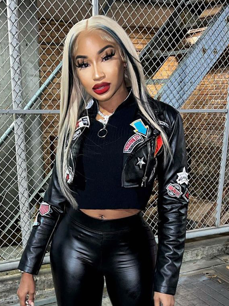 Women's Jackets Full PU Leather Women Crop Zipper Lapel Neck Motorcycle Coat Autumn Punk Outerwear High Street Clothing 230301