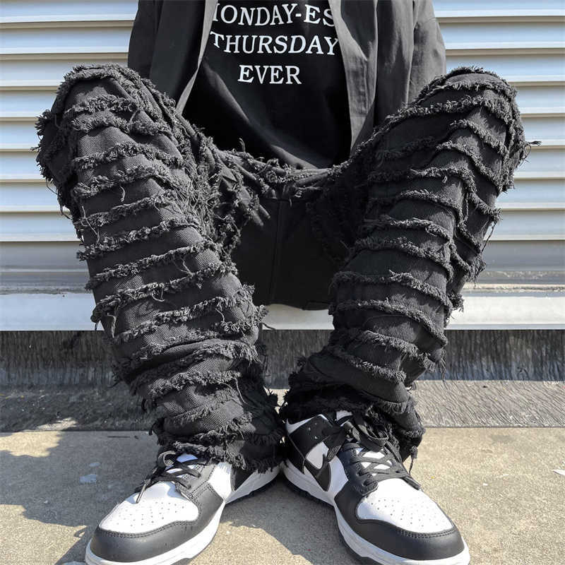 Men's Jeans White Hip Hop Jeans Striped Tassel Frayed Straight Baggy Jeans Pants Harajuku Male Female Solid Streetwear Casual Denim Trousers Z030