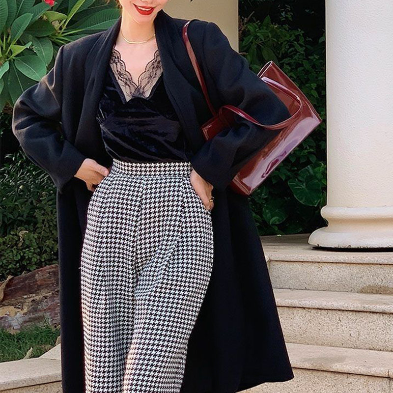 Women's Pants Capris Winter Women Vintage Classic Houndstooth Woolen Cloth Straight Wide Leg Trousers Elegant Office Lady High Waist Loose Suit P