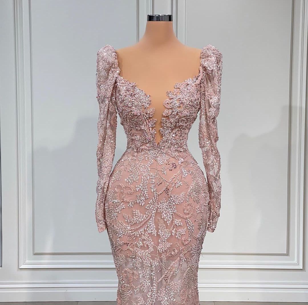 Pink Mermaid Evening Dresses Long Sleeves V Neck 3D Lace Beaded Appliques Sequins Floor Length Celebrity Hollow Formal Prom Dresses Gowns Plus Size Go