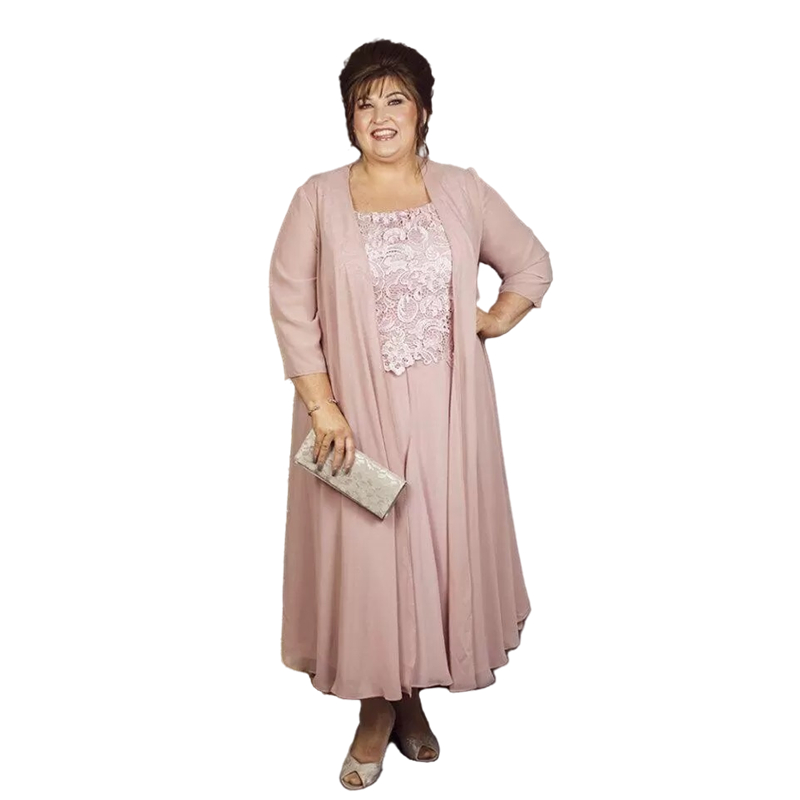 Boho Chiffon Mother Of The Bride Dresses Suits 2024 Pink Long Jacket Lace Applique Ankle Length A-Line Long Wedding Party Dress Plus Size Prom Evening