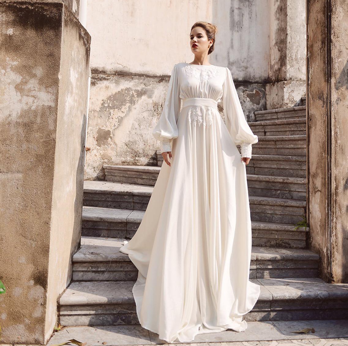 Simple A-Line Chiffon Wedding Dress Boho Backless Lace Appliques Long Puff Sleeves Bridal Gown Summer Beach 2023 Vestidos De Noiva