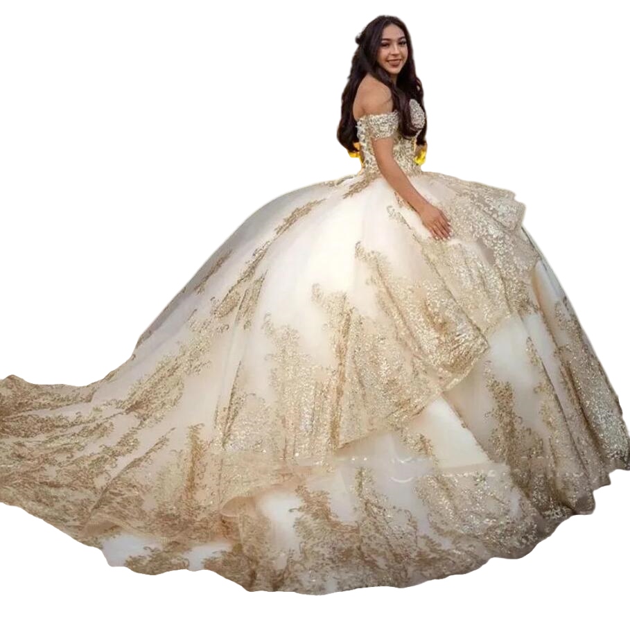 Luxury Gold Pearls Lace Quinceanera Dresses 2023 Off Shoulder Ball Gown lace-up Corset Birthday prom Vestidos De 15 Quinceanera