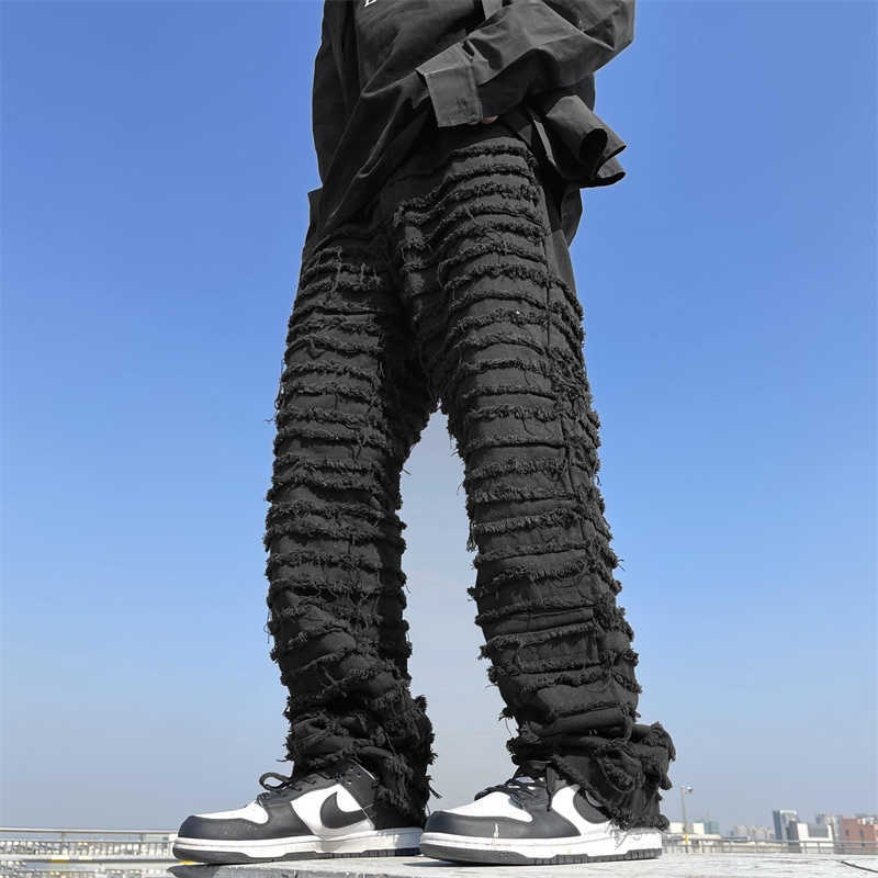 Men's Jeans White Hip Hop Jeans Striped Tassel Frayed Straight Baggy Jeans Pants Harajuku Male Female Solid Streetwear Casual Denim Trousers Z030