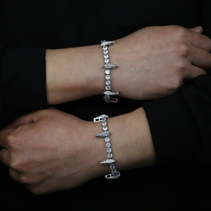 Iced Out hip hop bracelet paved 5mm cz stone paved tennis chain with spike charm bangle bracelets silver plated punk styles women men hiphop jewelry w