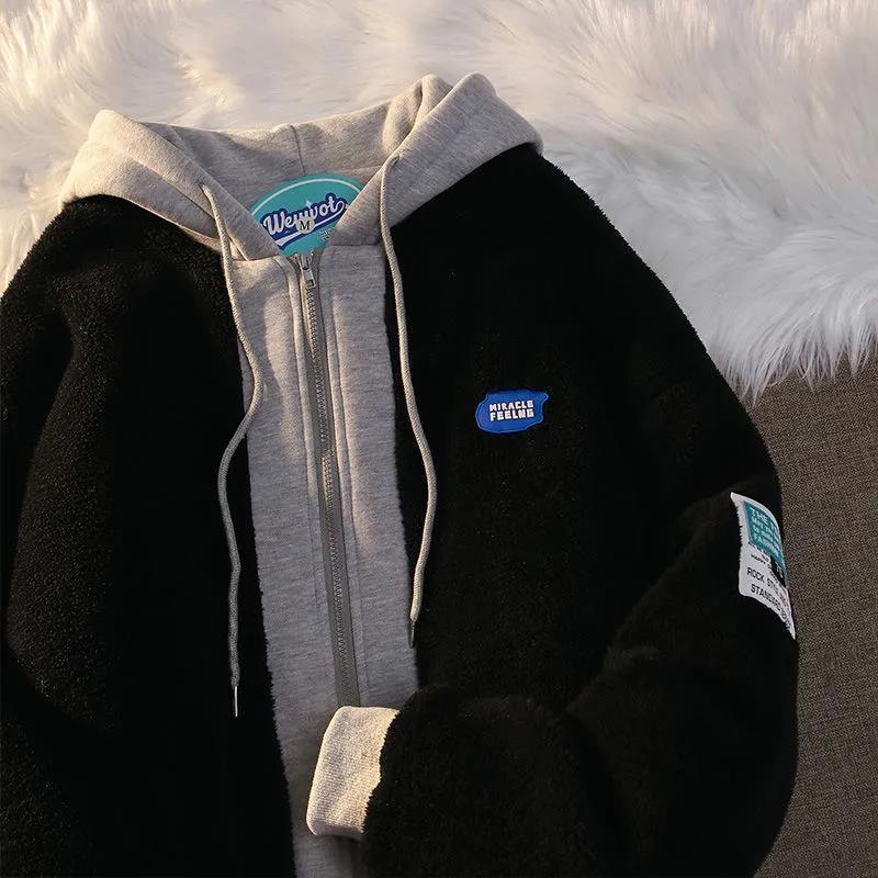 Winter Lamb Wool Hoodie Fashion Thick Warm Loose Padded Jackets Coat Hiphop Oversized Patchwork Zip Up Hooded Sweatshirt 230301