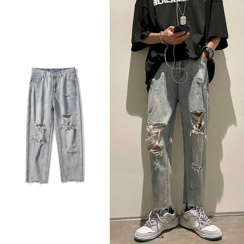 Men's Jeans Hole Jeans for Men Summer Fashion Thin Loose Pants Bottoms Handsome Vintage Casual Trousers Male Cloting Streetwear Plus Size Z0301