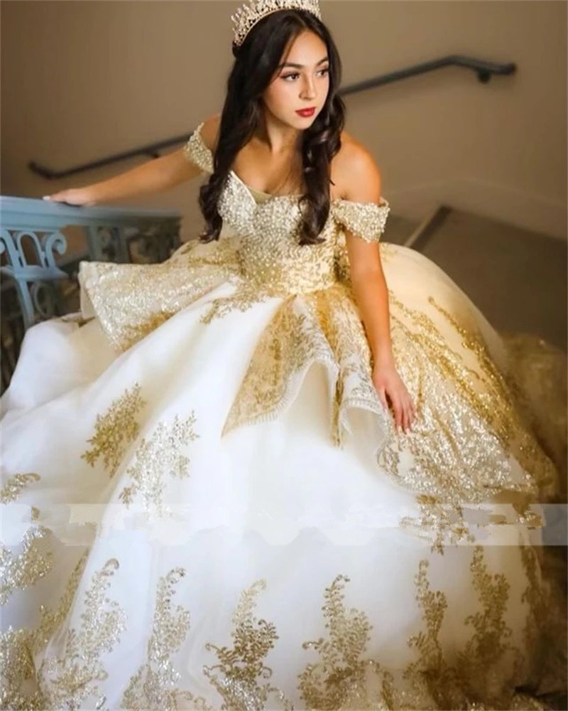 Luxury Gold Pearls Lace Quinceanera Dresses 2023 Off Shoulder Ball Gown lace-up Corset Birthday prom Vestidos De 15 Quinceanera