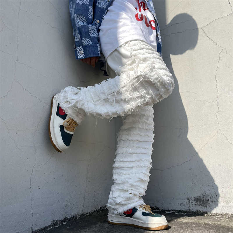 Men's Jeans White Hip Hop Jeans Striped Tassel Frayed Straight Baggy Jeans Pants Harajuku Male Female Solid Streetwear Casual Denim Trousers Z030