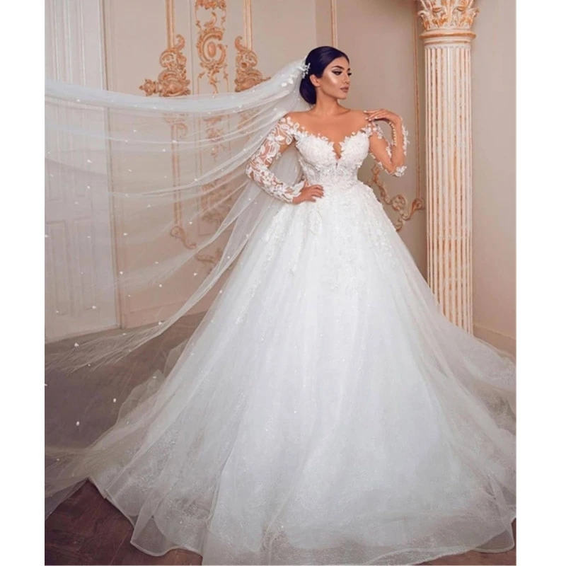 Princess Vintage Lace Beaded Arabic 2023 Sheer Neck Long Sleeves Tulle Bridal Dresses Sexy Wedding Gowns