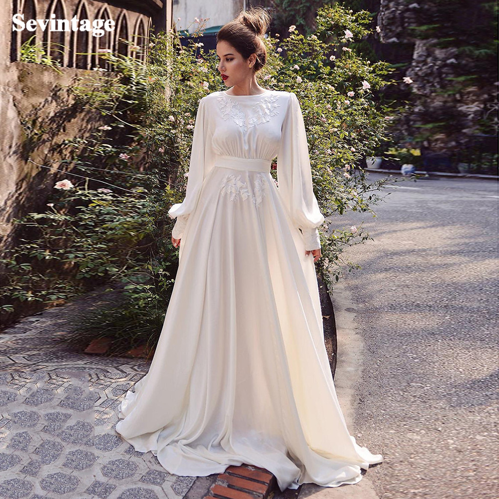 Simple A-Line Chiffon Wedding Dress Boho Backless Lace Appliques Long Puff Sleeves Bridal Gown Summer Beach 2023 Vestidos De Noiva