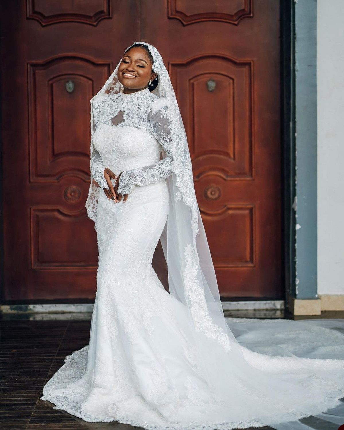 2023 Mermaid Wedding Dresses Bridal Gown With Detachable Train Lace Applique High Neck Long Sleeves Tulle Custom Made Country Plus Size Vestido De Nov