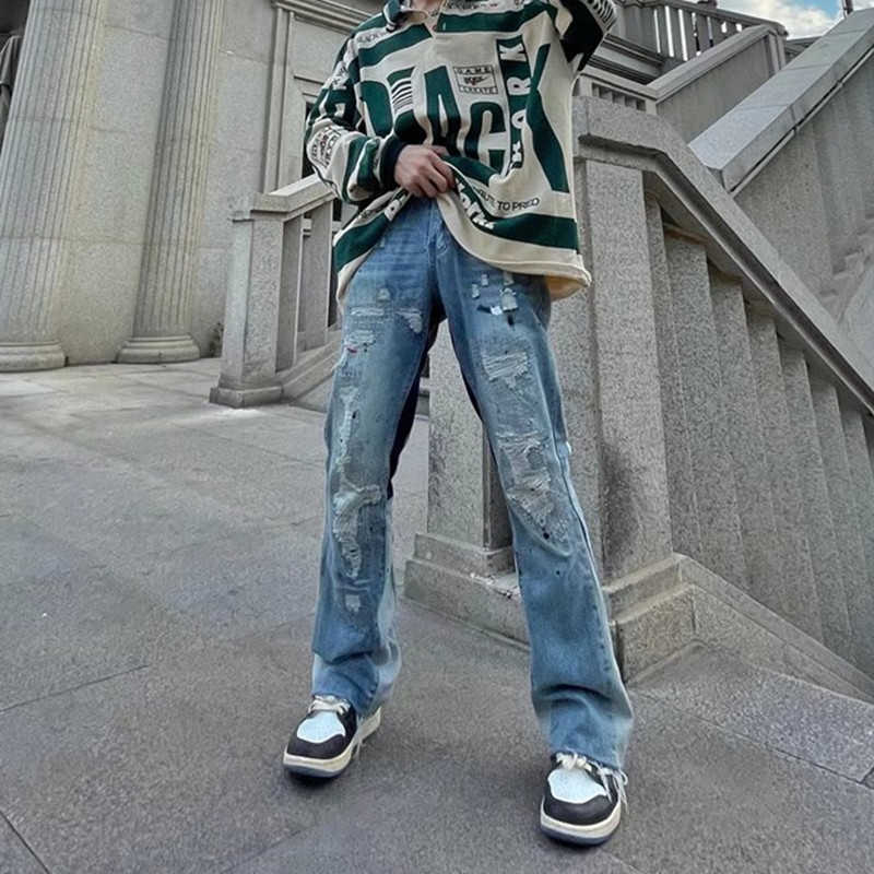Men's Jeans 2022 Hole Ripped Straight Baggy Men Flare Jeans Pants Patchwork Distressed Washed Vintage Loose Punk Denim Trousers Z0301