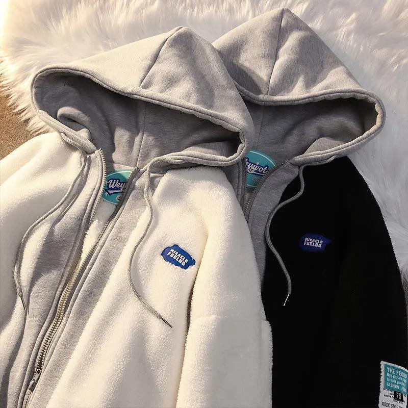 Winter Lamb Wool Hoodie Fashion Thick Warm Loose Padded Jackets Coat Hiphop Oversized Patchwork Zip Up Hooded Sweatshirt 230301