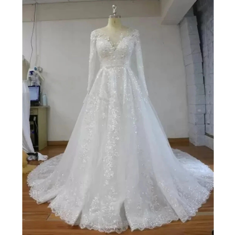 Ball Sparkly Gown Sheer Neck Sequins Beaded Tulle Long Sleeves Backless Wedding Gowns Plus Size Bridal Dresses S