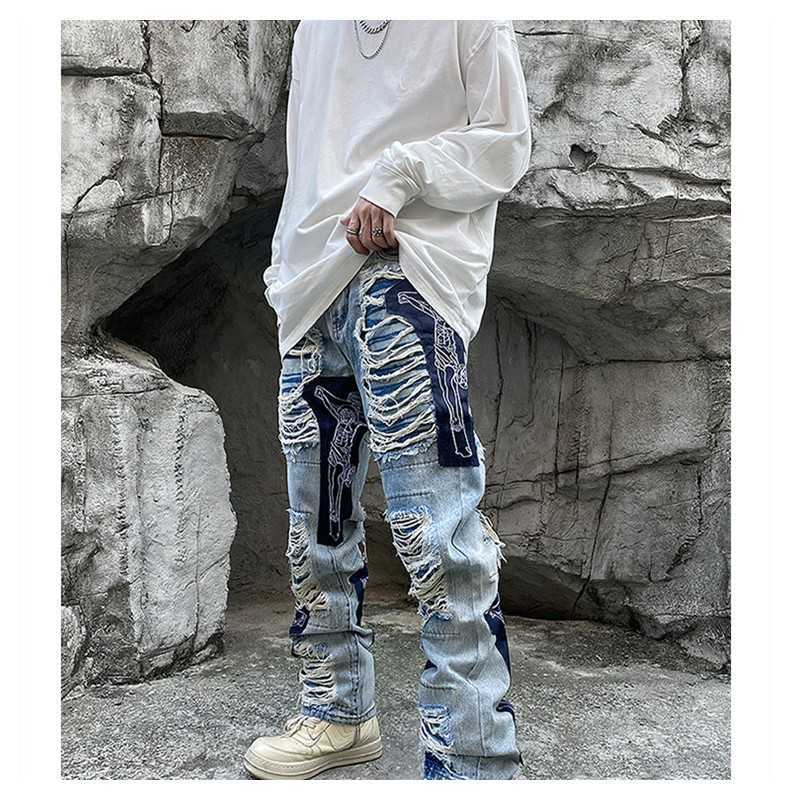 Men's Jeans Ripped Jeans Baggy Men Print Harajuku Pants Slim Trendyol Men's Fashion Hip Hop Trousers Y2k Man Grunge Streetwear Stacked Z0301