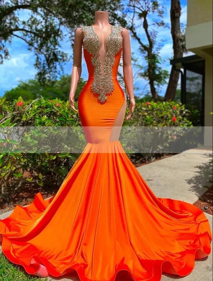 Orange Stain Mermaid Evening Dresses 2023 Gillter Beaded Crystal Sexy V-neck Backless African Aso Ebi Arabic Occasion Prom Gowns