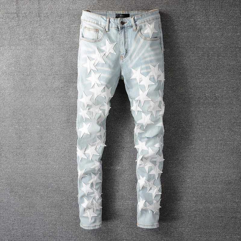 Men's Jeans Blue Star Hole Stacked Stitching Feet Motorcycle Pant Patchwork Jean Korean High Street Fashion Graphic Y2303