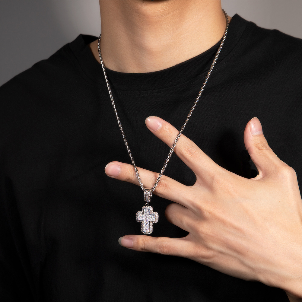 Shining Diamond Stone Cross Pendants Necklace Jewelry 18K Real Gold Plated Bling Men Women Jewelry Gift