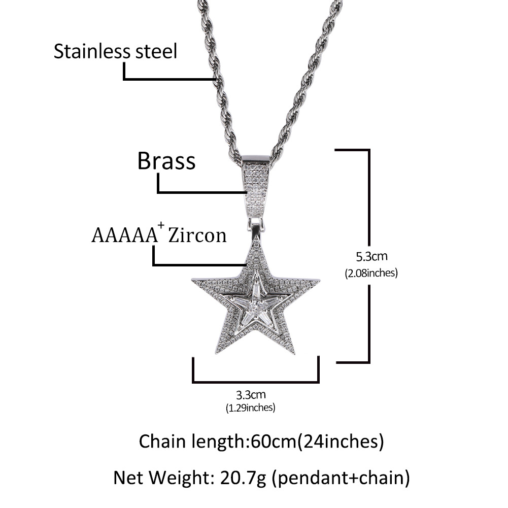 Rotatable Full Zircon Five Pointed Star Pendant Necklace Gold Plated Hip Hop Rap Jewelry
