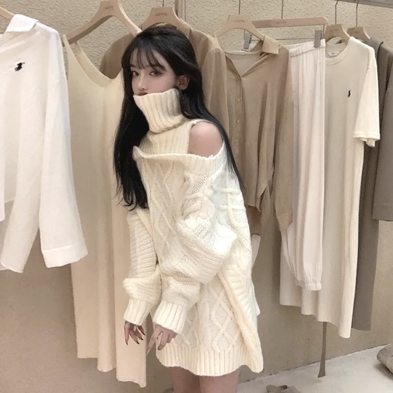 Women's Sweaters Autumn Winter Korean Style Women Turtleneck Knitted Sweaters Fashion Wild Knitwear Outwear Female Sexy Off Shoulder Pullovers 23