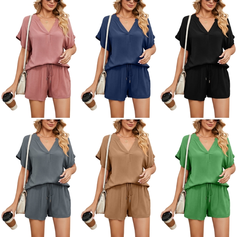 Women' Two Piece Pants Short Sleeve Pajama Set Roll-Up Batwing Sleeve V-Neck Tops and Drawstring Shorts Loungewear Outfits with Pockets, Gray
Women' Two Piece Pants Short Sleeve Pajama Set Roll-Up Batwing Sleeve V-Neck Tops and Drawstring Shorts Loungewear Outfits with Pockets, Gray
