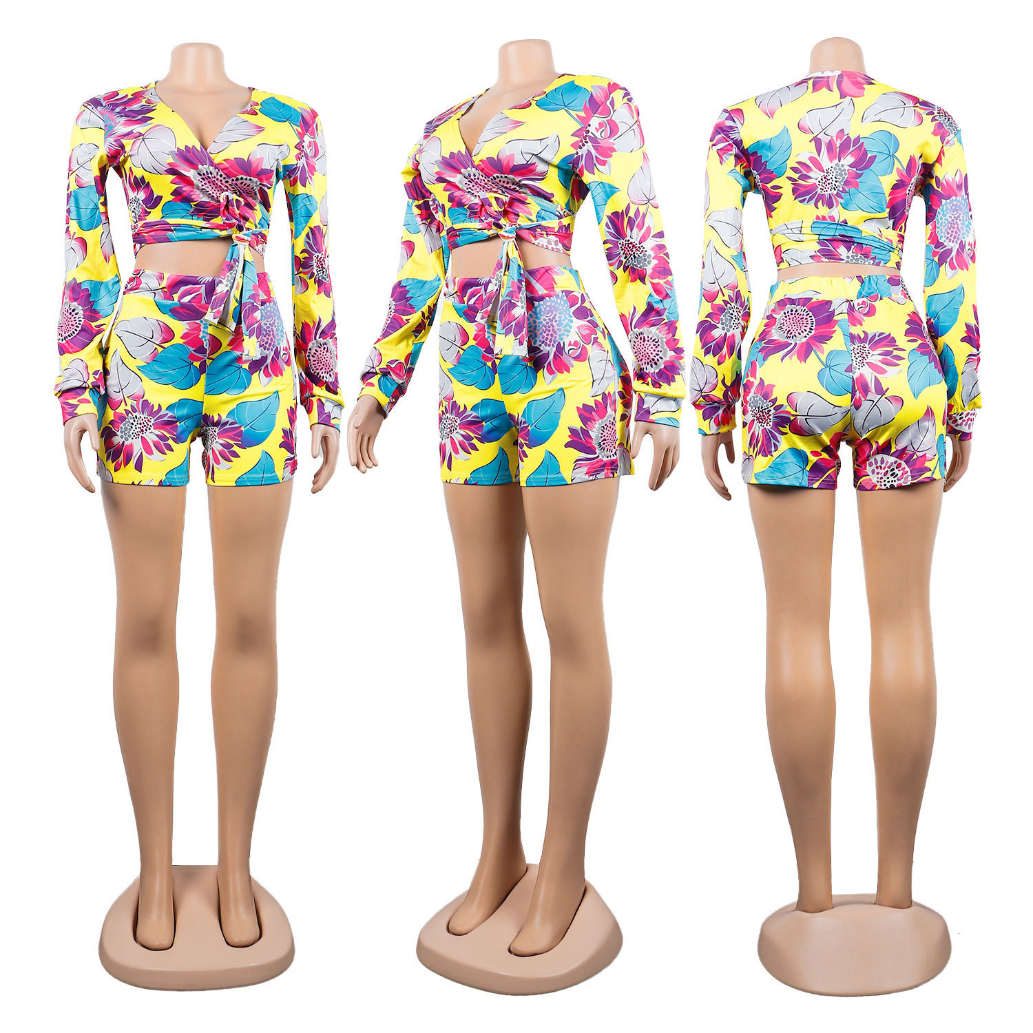 Women's Two Piece Pants CM.YAYA Sunflower Women Two 2 Piece Set Outfit Sweatsuit Summer Tie Neck Shirt Top and Shorts Matching Set Street Tracksu