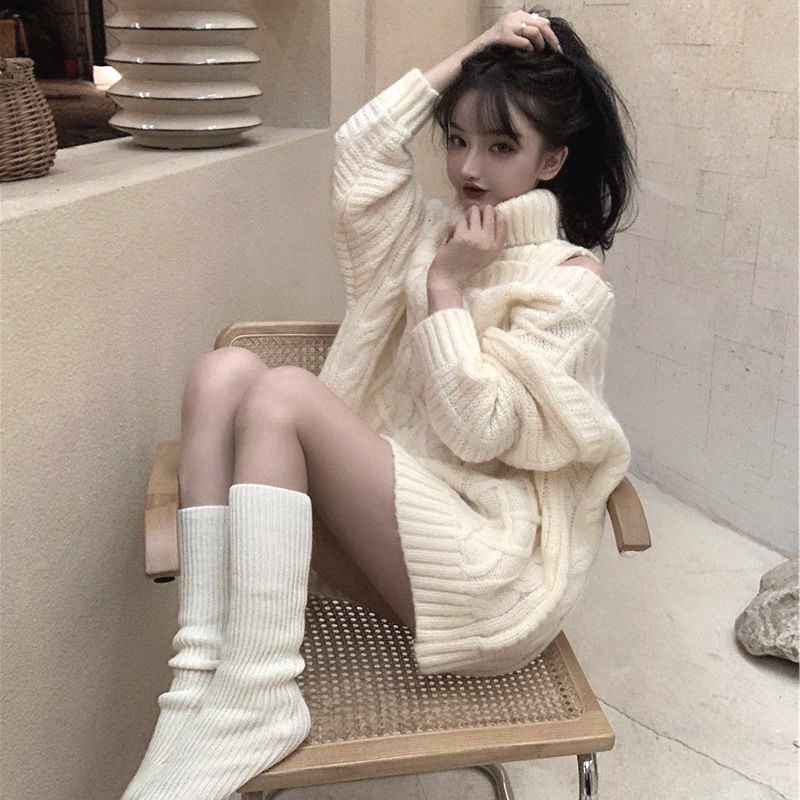 Women's Sweaters Autumn Winter Korean Style Women Turtleneck Knitted Sweaters Fashion Wild Knitwear Outwear Female Sexy Off Shoulder Pullovers 23