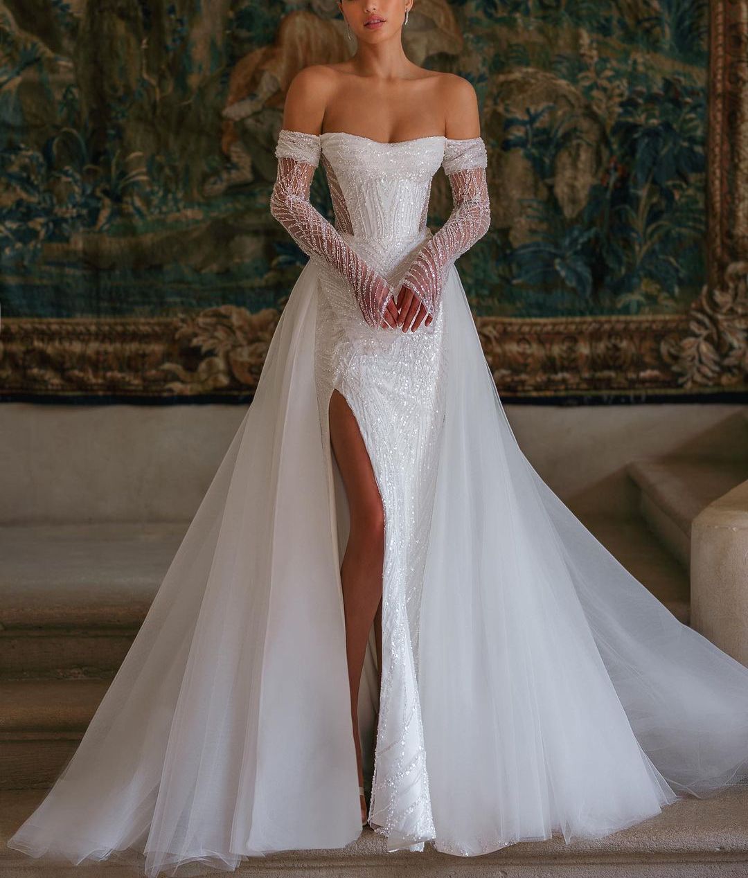 Mermaid Wedding Dresses Long Sleeves Bateau Lace Beaded Sequins Appliques Detachable Train Dias Side Slit Bridal Gowns Plus Size Vestido De Novia Cust