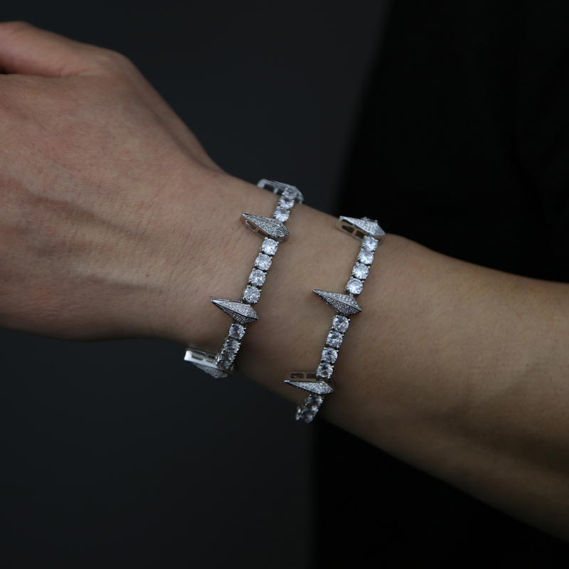 Iced Out hip hop bracelet paved 5mm cz stone paved tennis chain with spike charm bangle bracelets silver plated punk styles women men hiphop jewelry w
