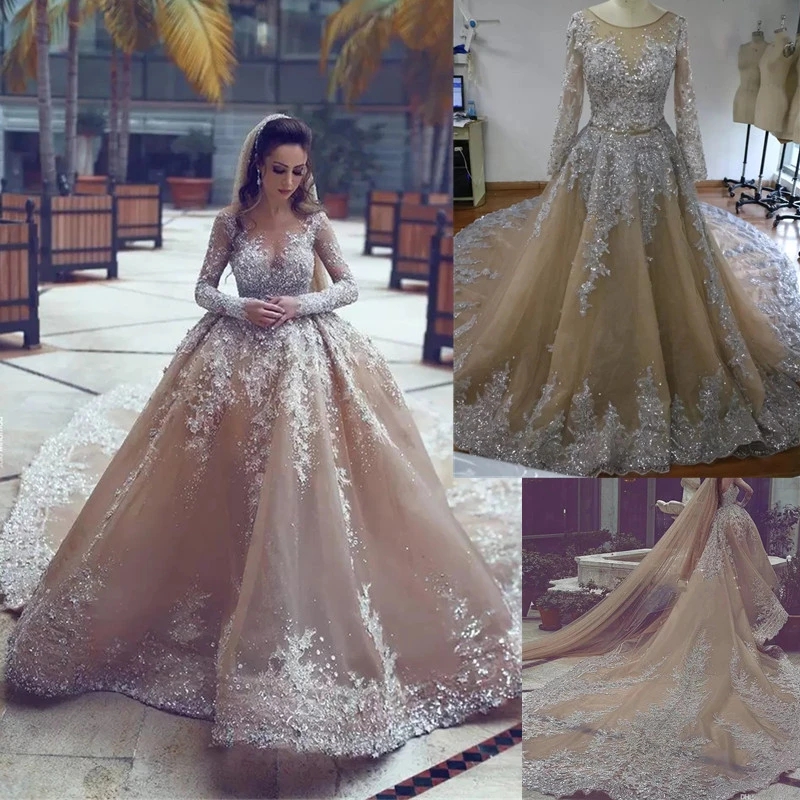 Ball Sparkly Gown Sheer Neck Sequins Beaded Tulle Long Sleeves Backless Wedding Gowns Plus Size Bridal Dresses S