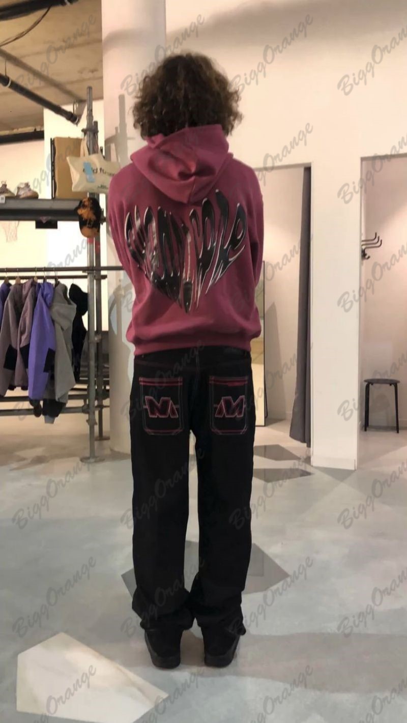 Men s Jeans M letter embroidered multi pocket street vintage jeans loose straight pants wide leg men and women couple low rise 230228