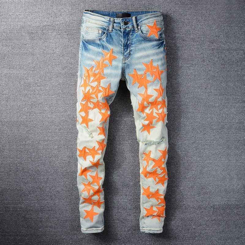 Men's Jeans Blue Star Hole Stacked Stitching Feet Motorcycle Pant Patchwork Jean Korean High Street Fashion Graphic Y2303