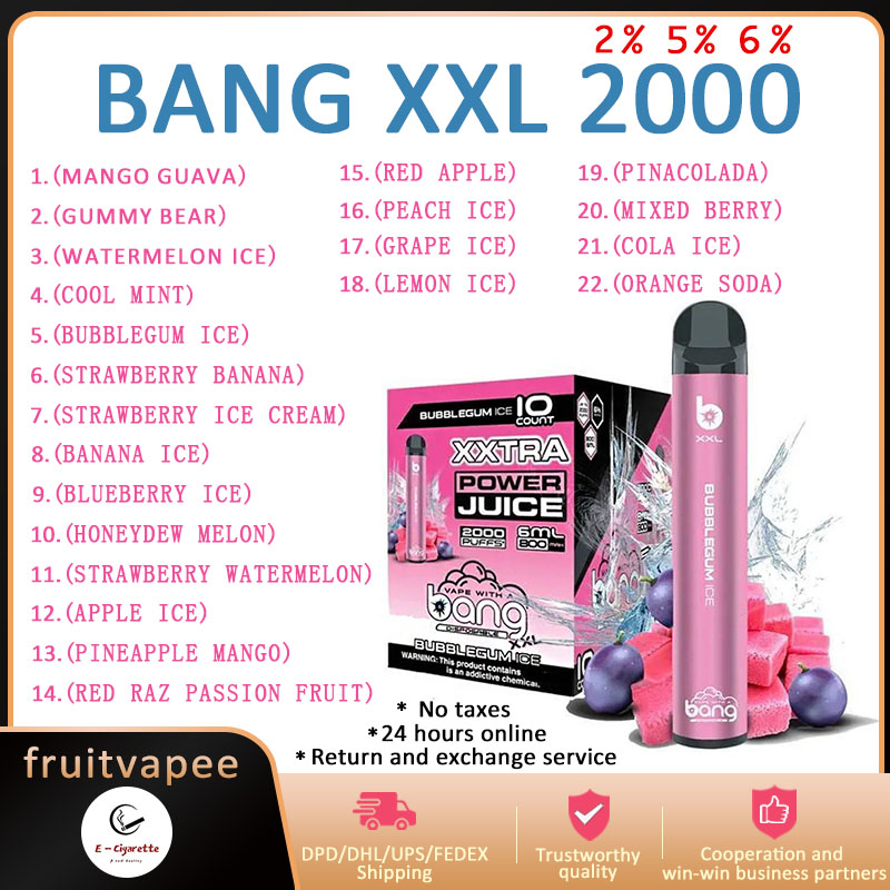 Bang XXL 2000 PUFFS 2%/5%/6% E Cigarette Disposable Vape Pen 6.0ml Pre-Filled 800mAh Battery Cartridge Pods Vapor Kit VS Switch Duo BC KK Energy Fluum Bar 5000 6000
Bang XXL 2000 PUFFS 2%/5%/6% E Cigarette Disposable Vape Pen 6.0ml Pre-Filled 800mAh Battery Cartridge Pods Vapor Kit VS Switch Duo BC KK Energy Fluum Bar 5000 6000