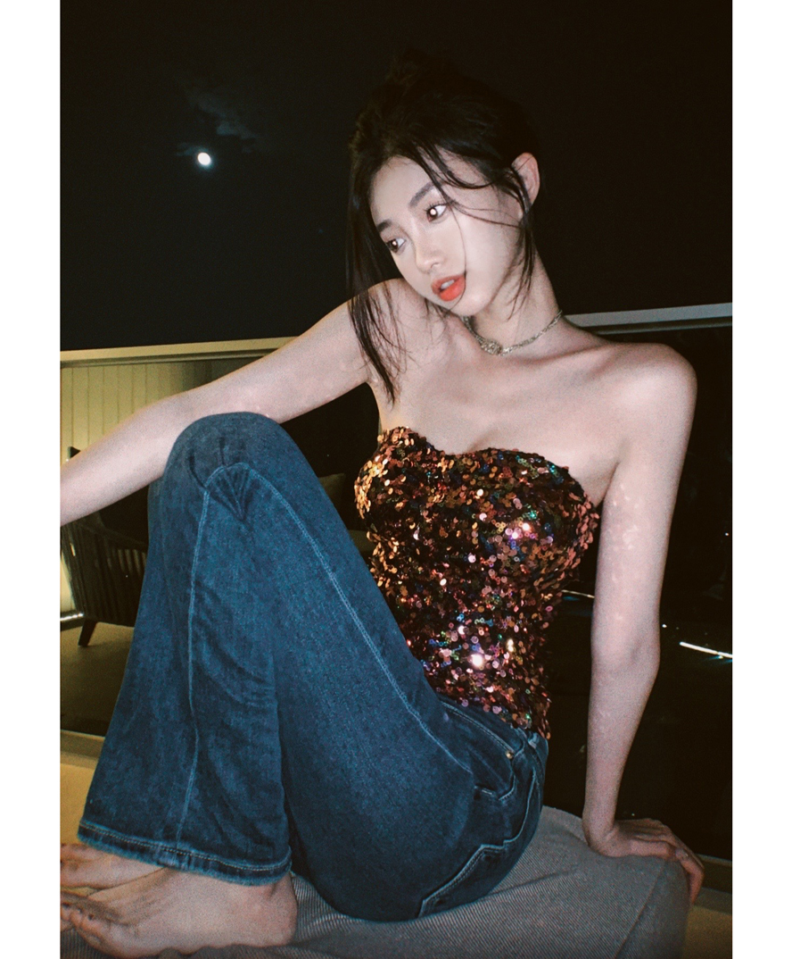 Womens tube top sleeveless colorful paillette shinny bling bodycon bustier tanks camis SM