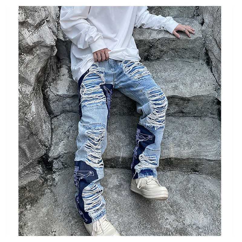 Men's Jeans Ripped Jeans Baggy Men Print Harajuku Pants Slim Trendyol Men's Fashion Hip Hop Trousers Y2k Man Grunge Streetwear Stacked Z0301