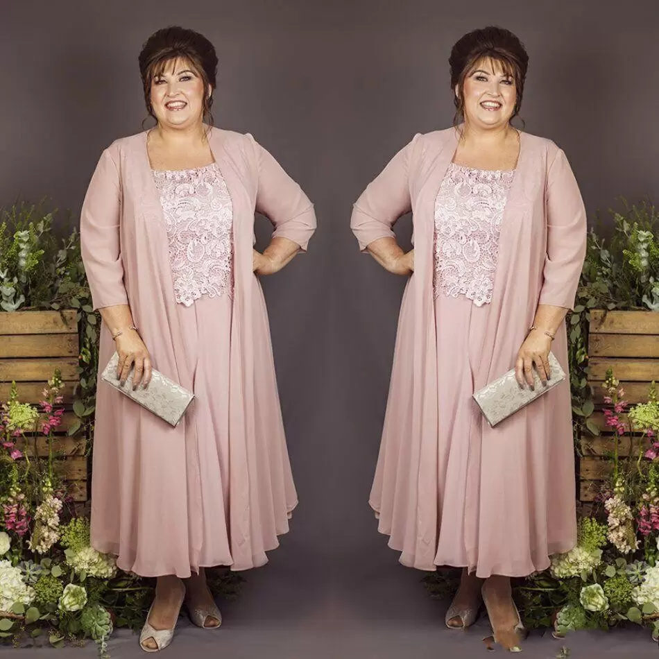 Boho Chiffon Mother Of The Bride Dresses Suits 2024 Pink Long Jacket Lace Applique Ankle Length A-Line Long Wedding Party Dress Plus Size Prom Evening