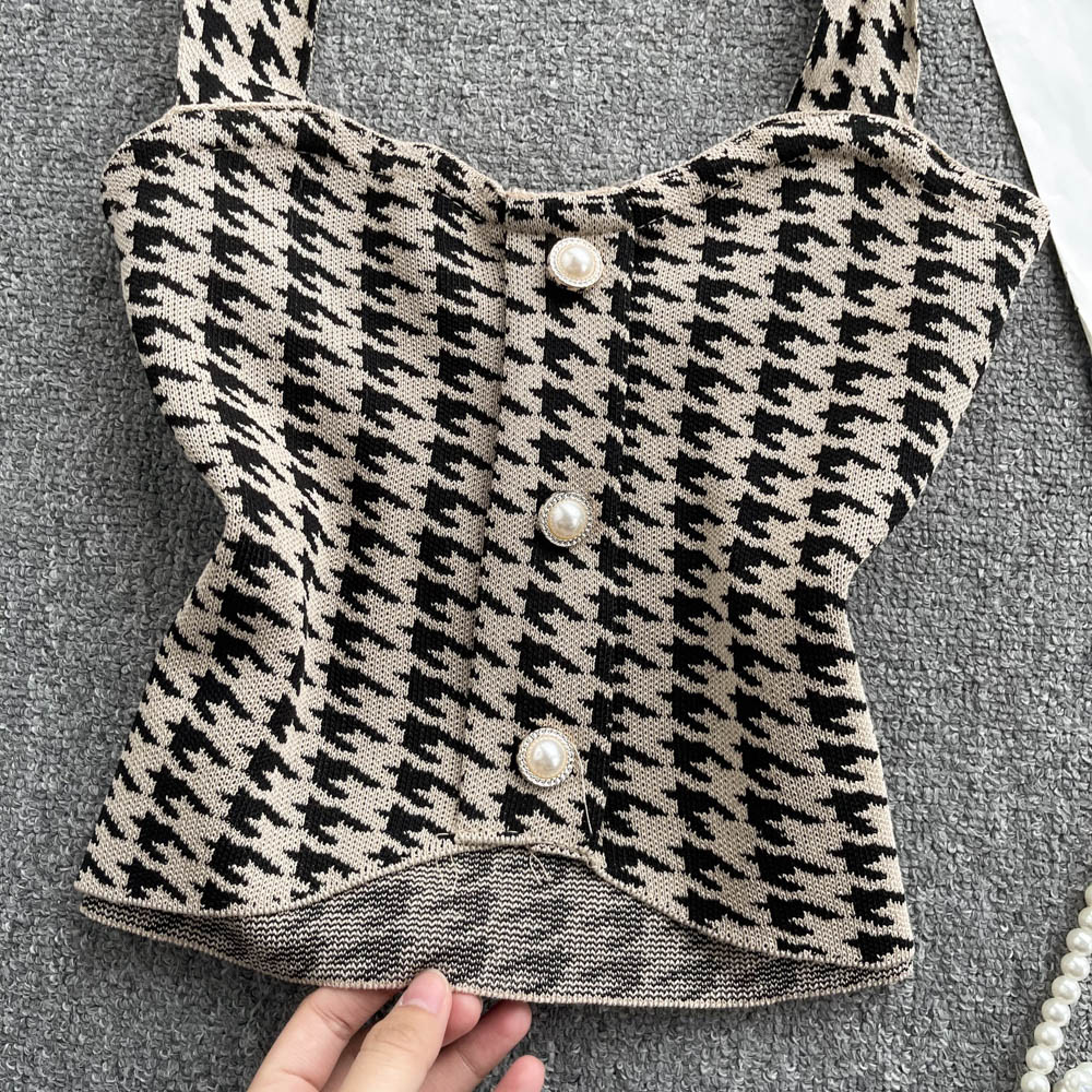 Womens halter neck knitted houndstooth plaid grid pattern short tanks camis