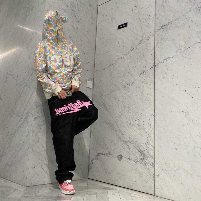 Men's Jeans Y2K New Printed Mens Streetwear Men Street Trend Ins Loose Wide-leg Women Baggy Pants Retro Casual Trousers Y2303