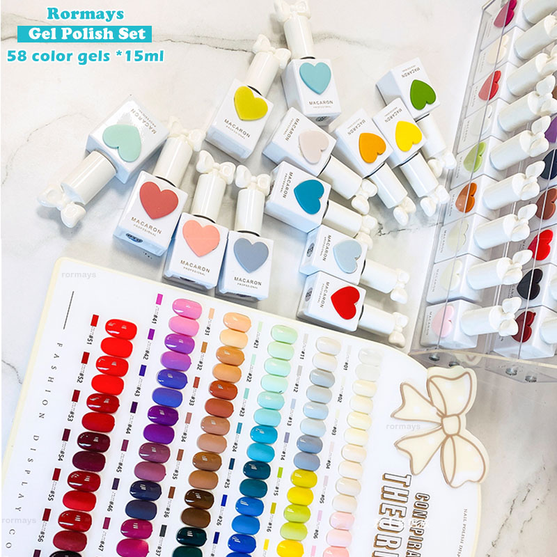 Rormays 58PCS Gel Polishing Set New Popular Makaron Color Love Semi Permanent UV LED Gel Varnish Nail Art Salon Special Design 15ML Card Delivery Whol