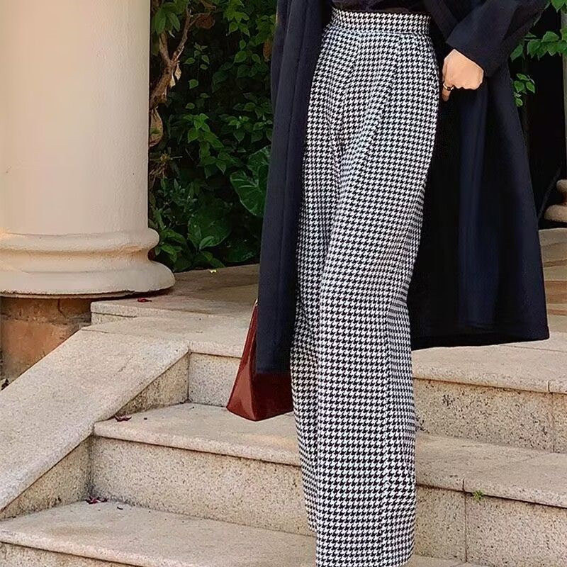 Women's Pants Capris Winter Women Vintage Classic Houndstooth Woolen Cloth Straight Wide Leg Trousers Elegant Office Lady High Waist Loose Suit P