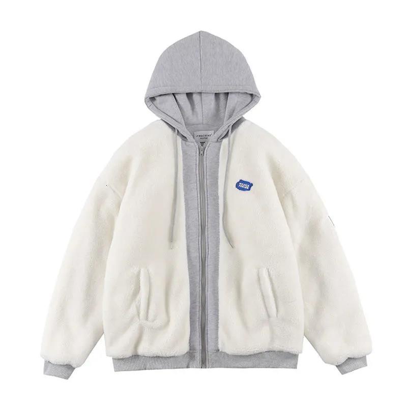 Winter Lamb Wool Hoodie Fashion Thick Warm Loose Padded Jackets Coat Hiphop Oversized Patchwork Zip Up Hooded Sweatshirt 230301